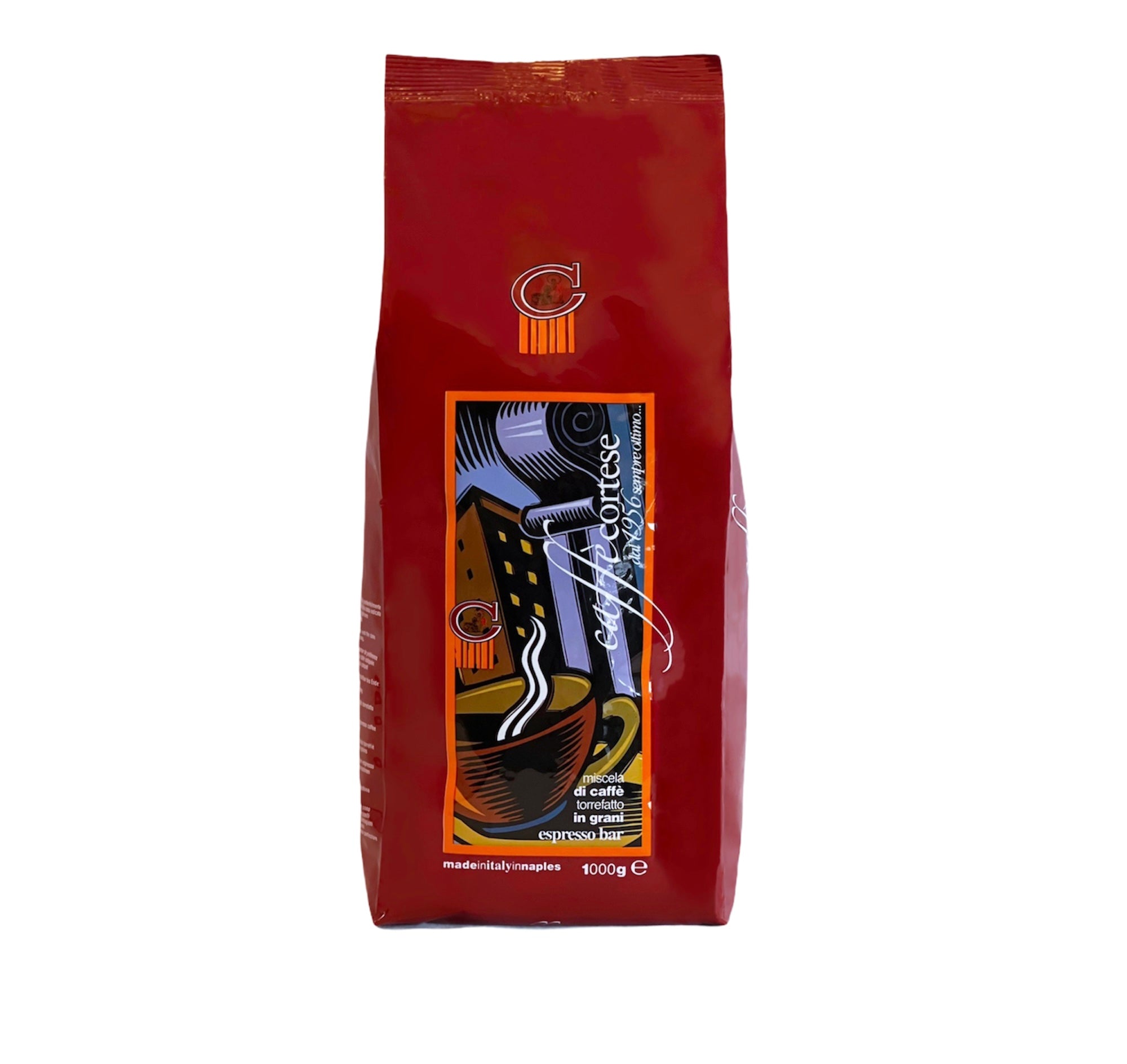 Caffe cortese, whole coffee beans roasted in Naples, Italy, 1 kg red bad.