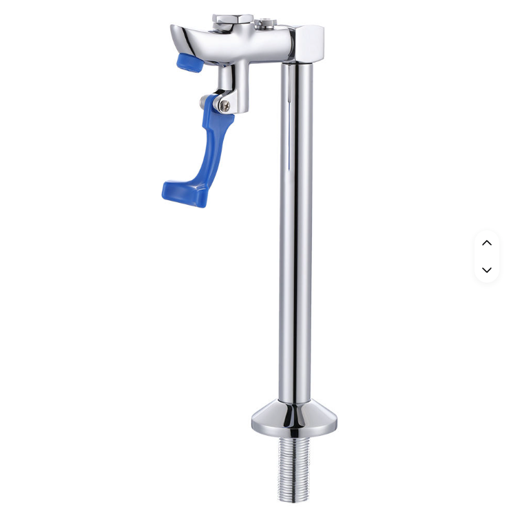 Commercial deck-mounted push-back glass filler faucet with adjustable flow and self-closing arm. Ideal for cafés, bars, restaurants, and beverage stations