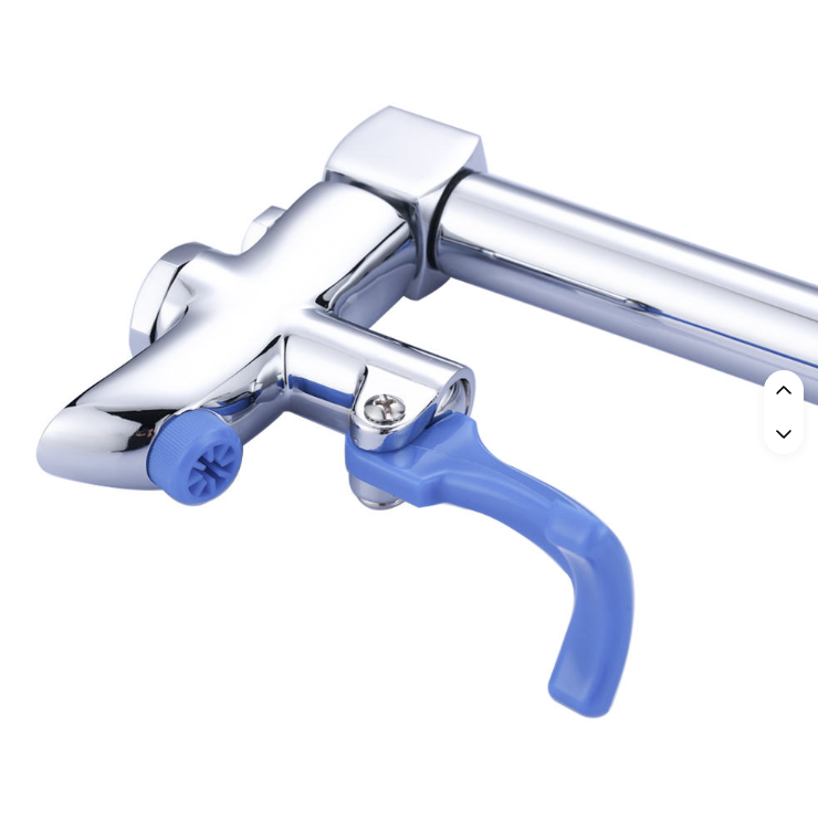 Commercial deck-mounted push-back glass filler faucet with adjustable flow and self-closing arm. Ideal for cafés, bars, restaurants, and beverage stations.