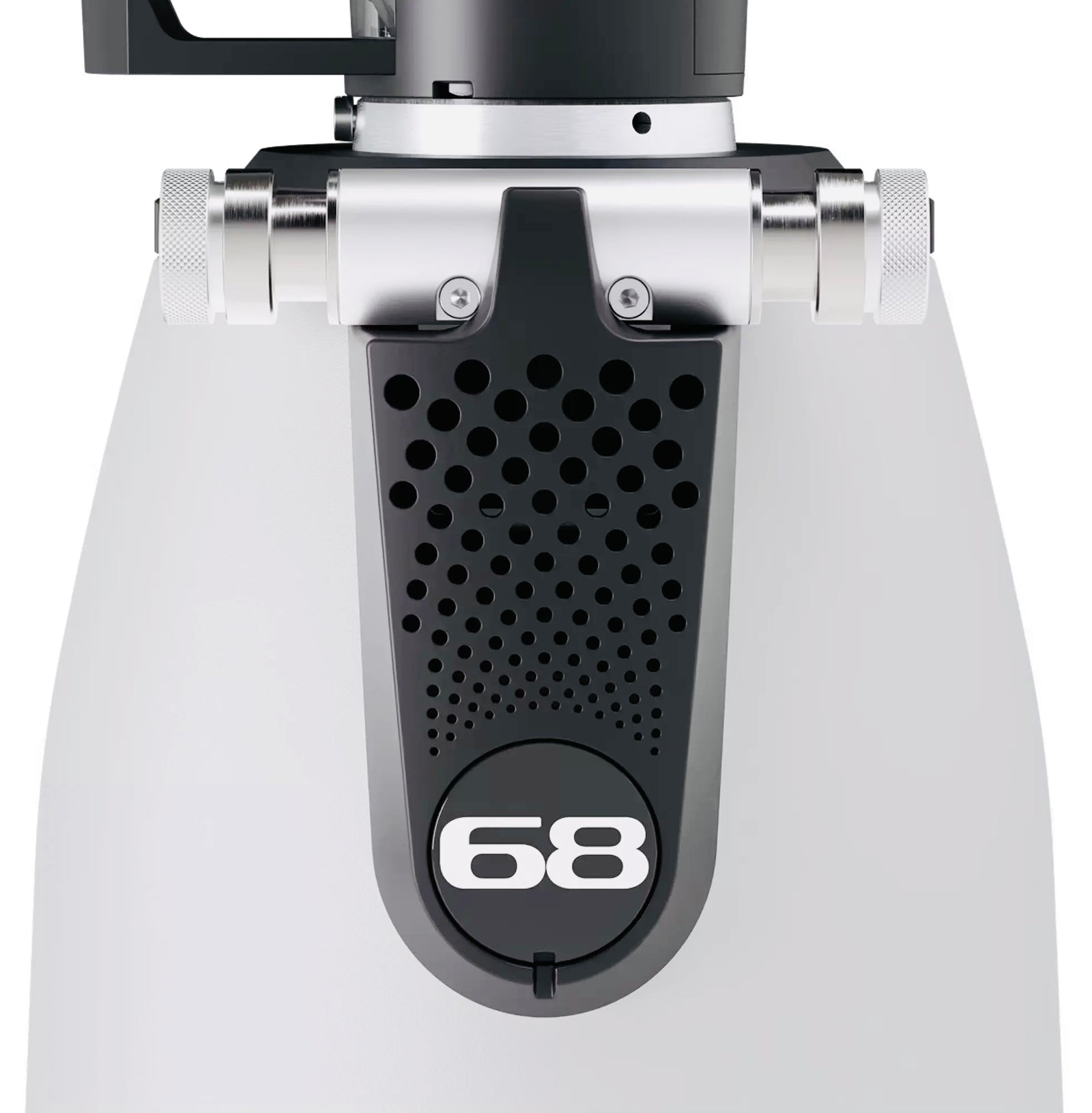 White Macap Supra 68 coffee grinder with clear top on a white background