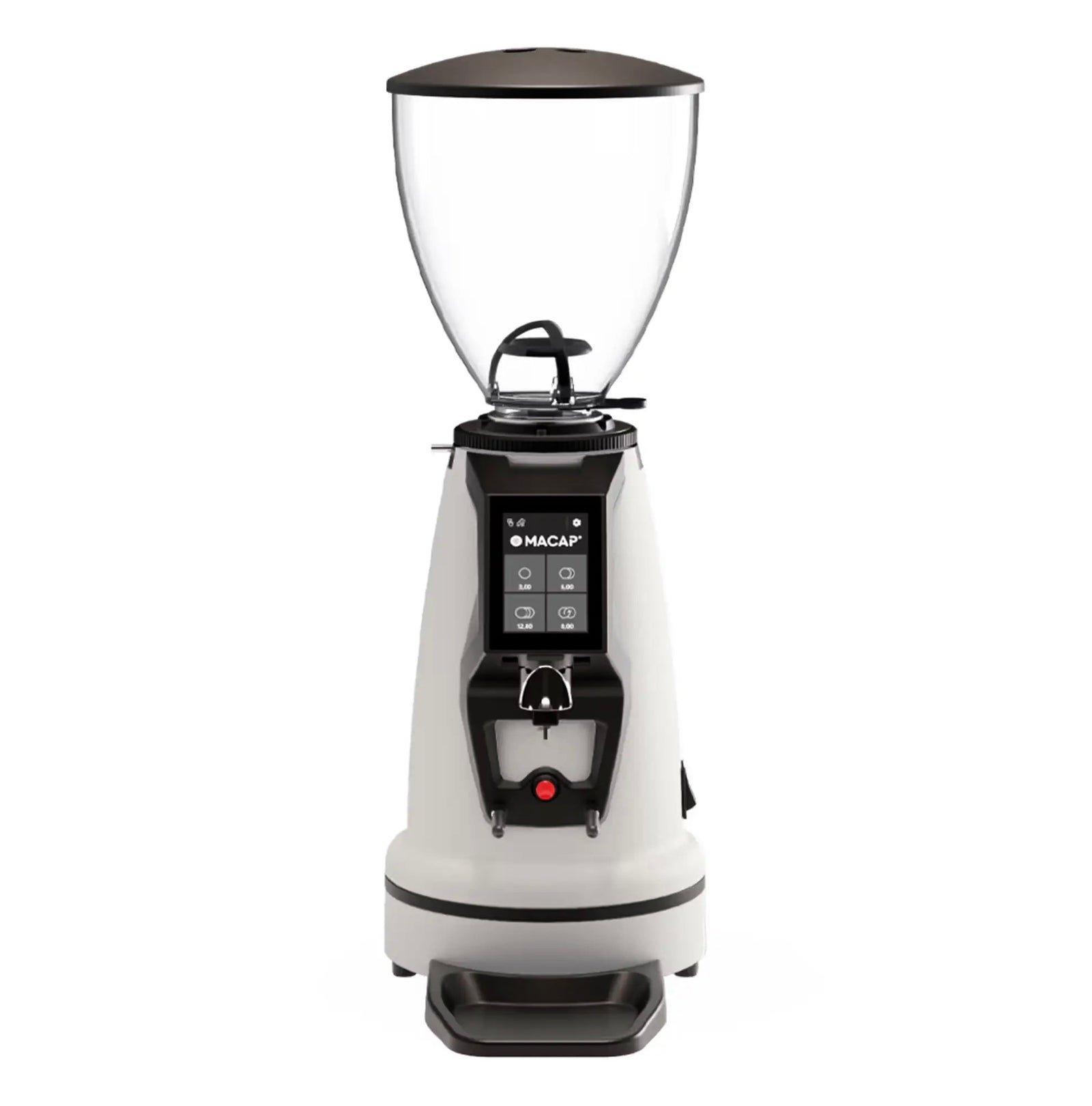 Macap Coffee grinder with clear top and black base on a white background