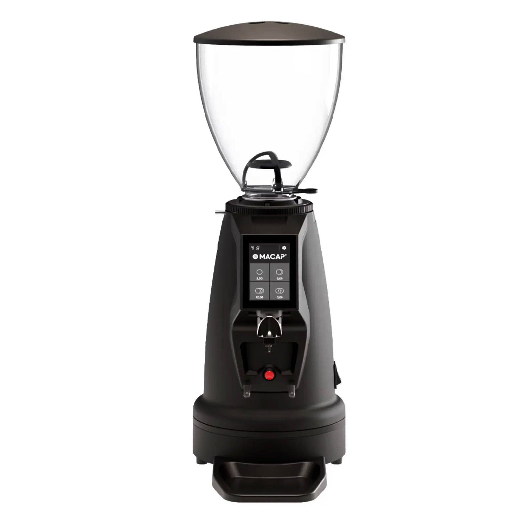 Black Macap Coffee grinder with clear top and black base on a white background