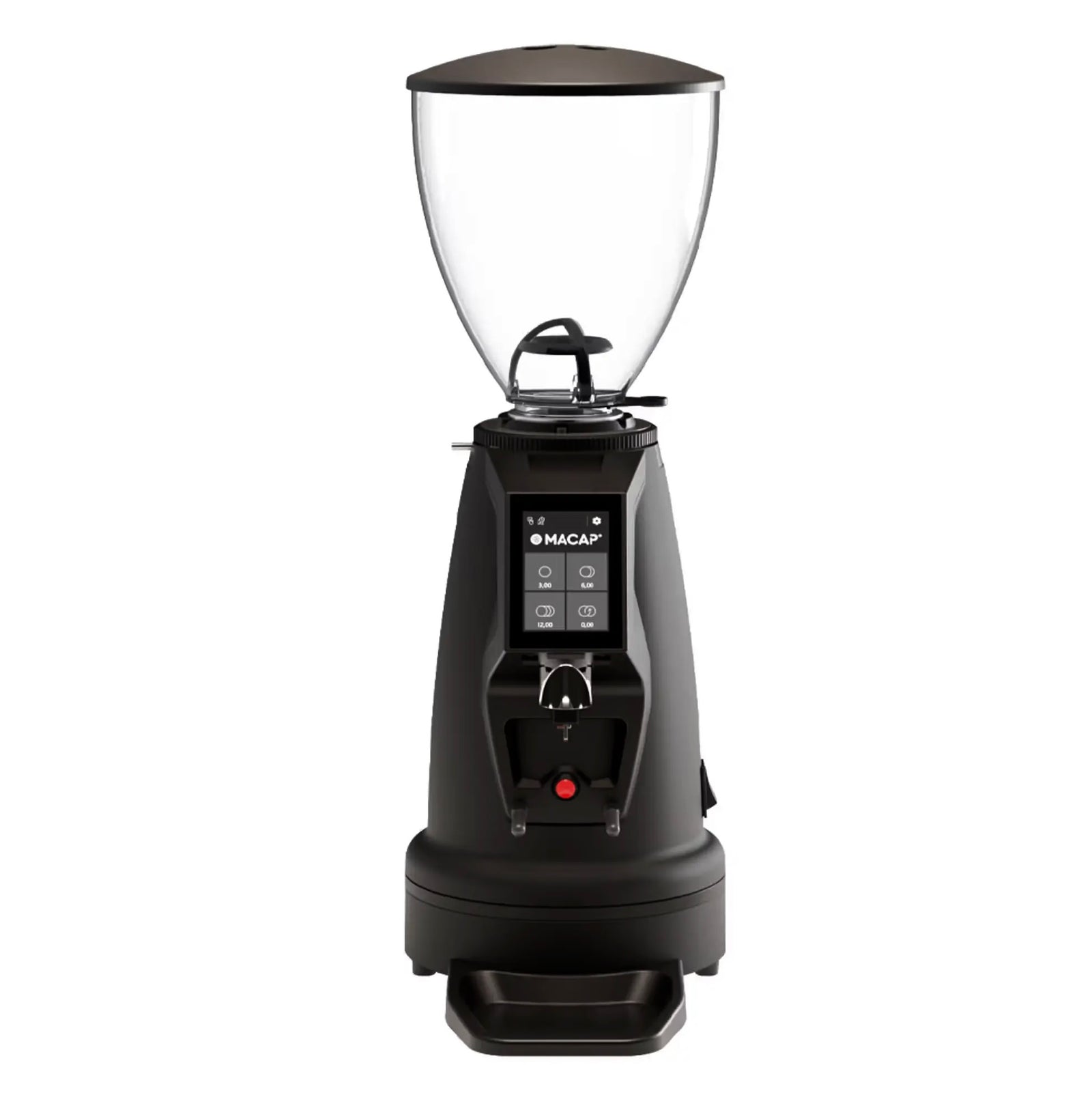 Black Macap Coffee grinder with clear top and black base on a white background