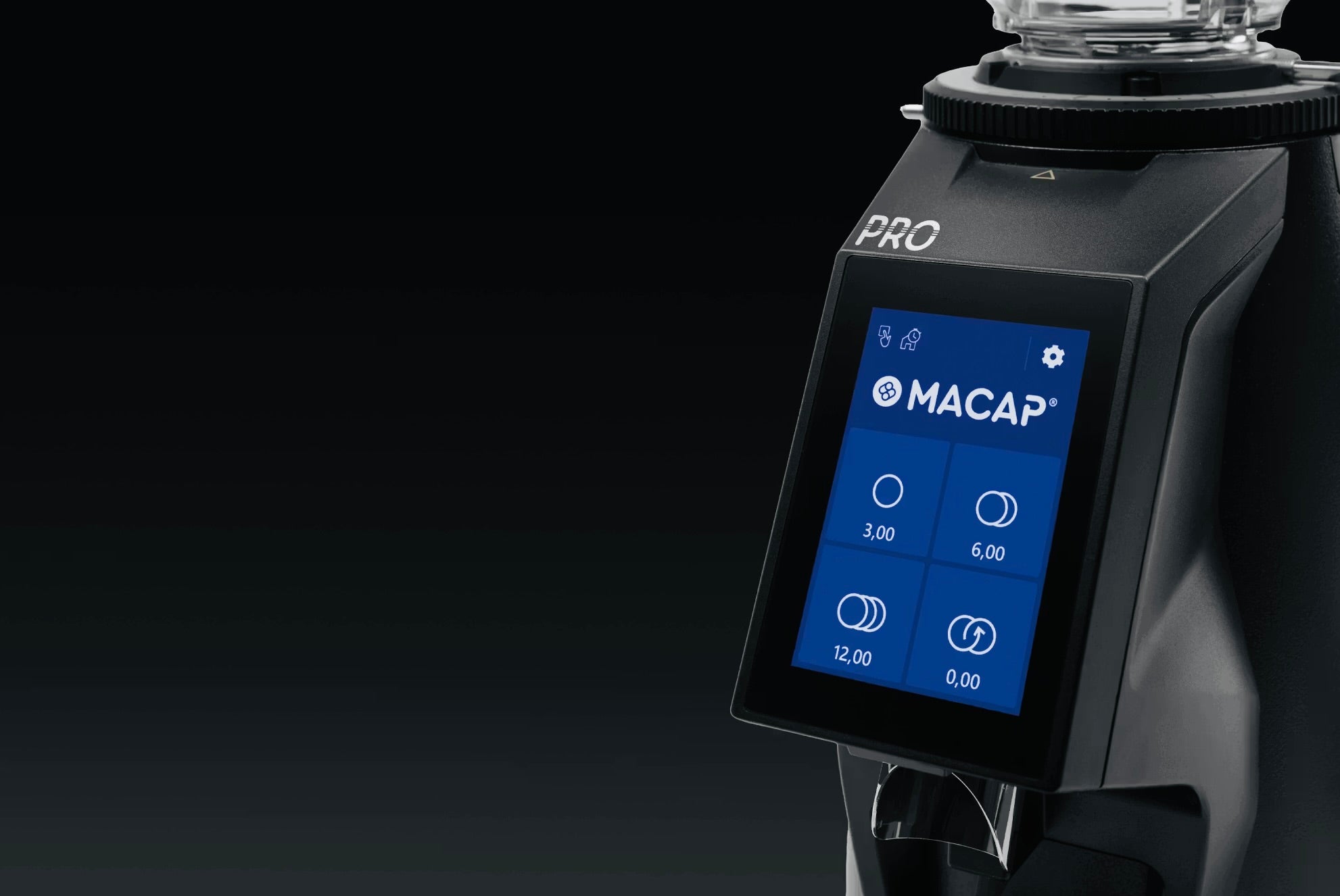 MACAP coffee grinder with digital display on a black background