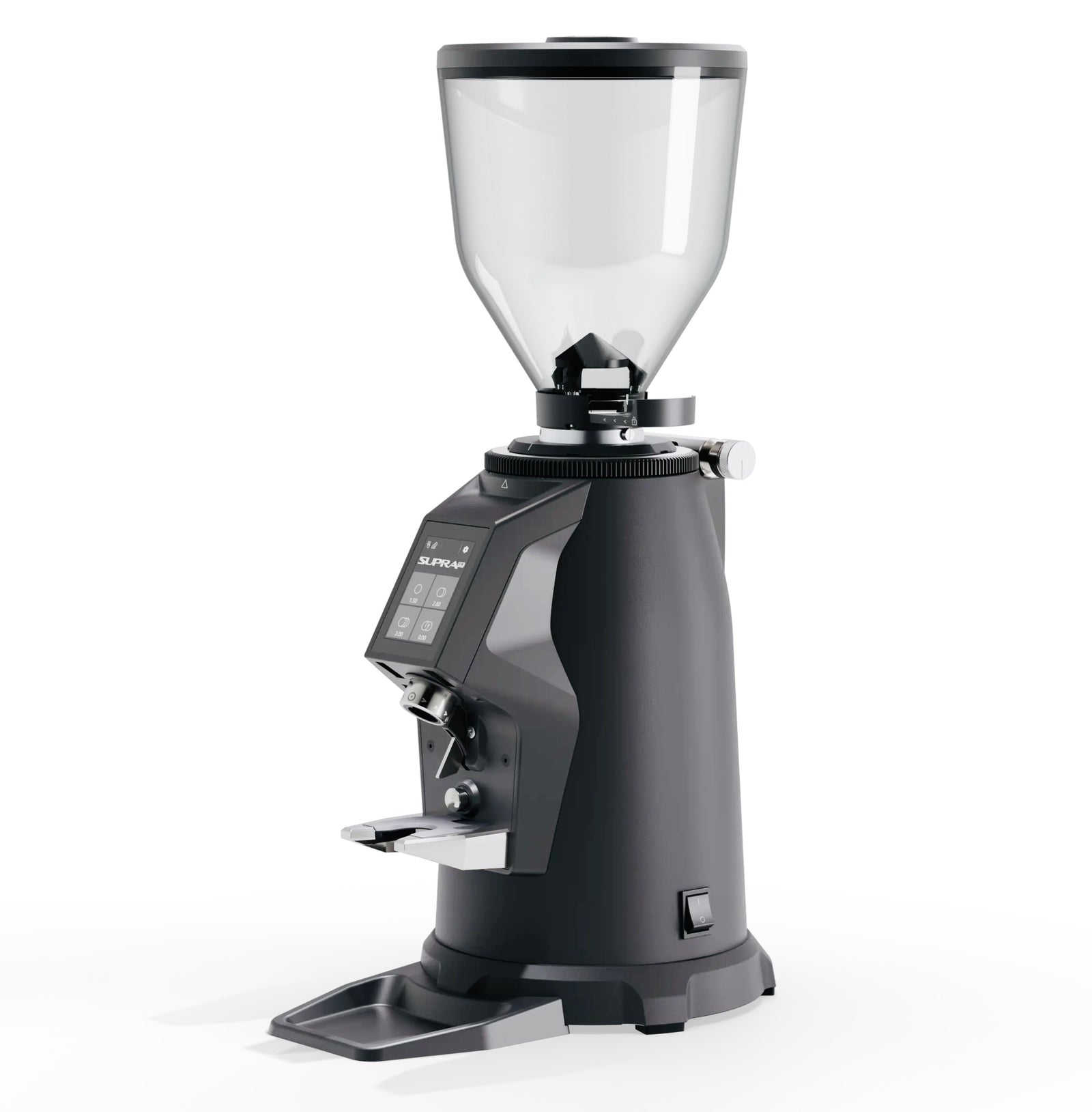 Black Macap Supra coffee grinder with clear top on a white background