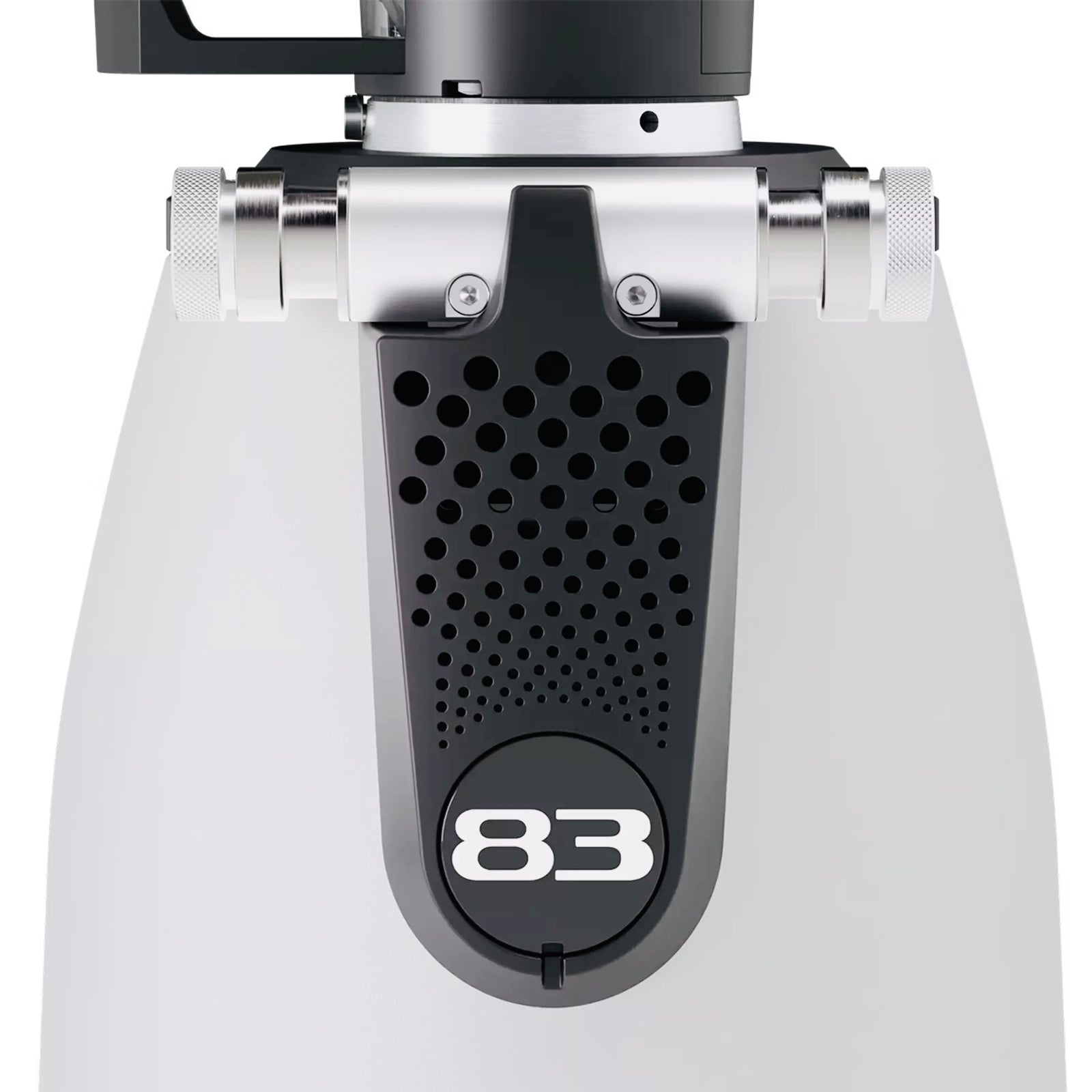 White Macap Supra coffee grinder with clear top on a white background