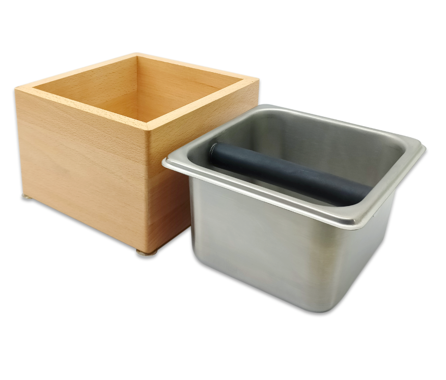 Genius Barista Tools Stainless Steel in Wooden Box Countertop Knock Box