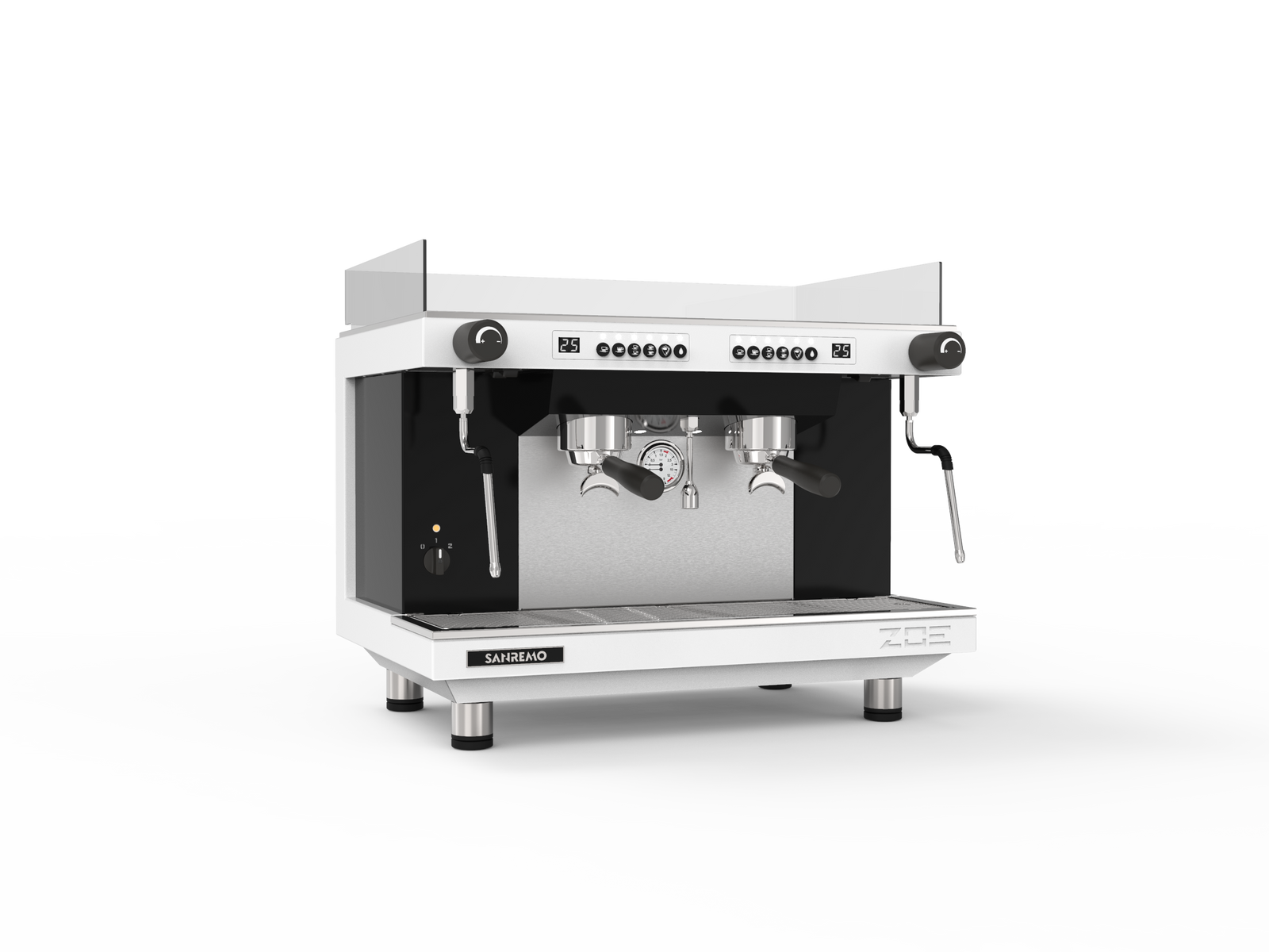 Sanremo ZOE Competition Tall Espresso Machine 2GR White/Black Front 3-4 for professional café use