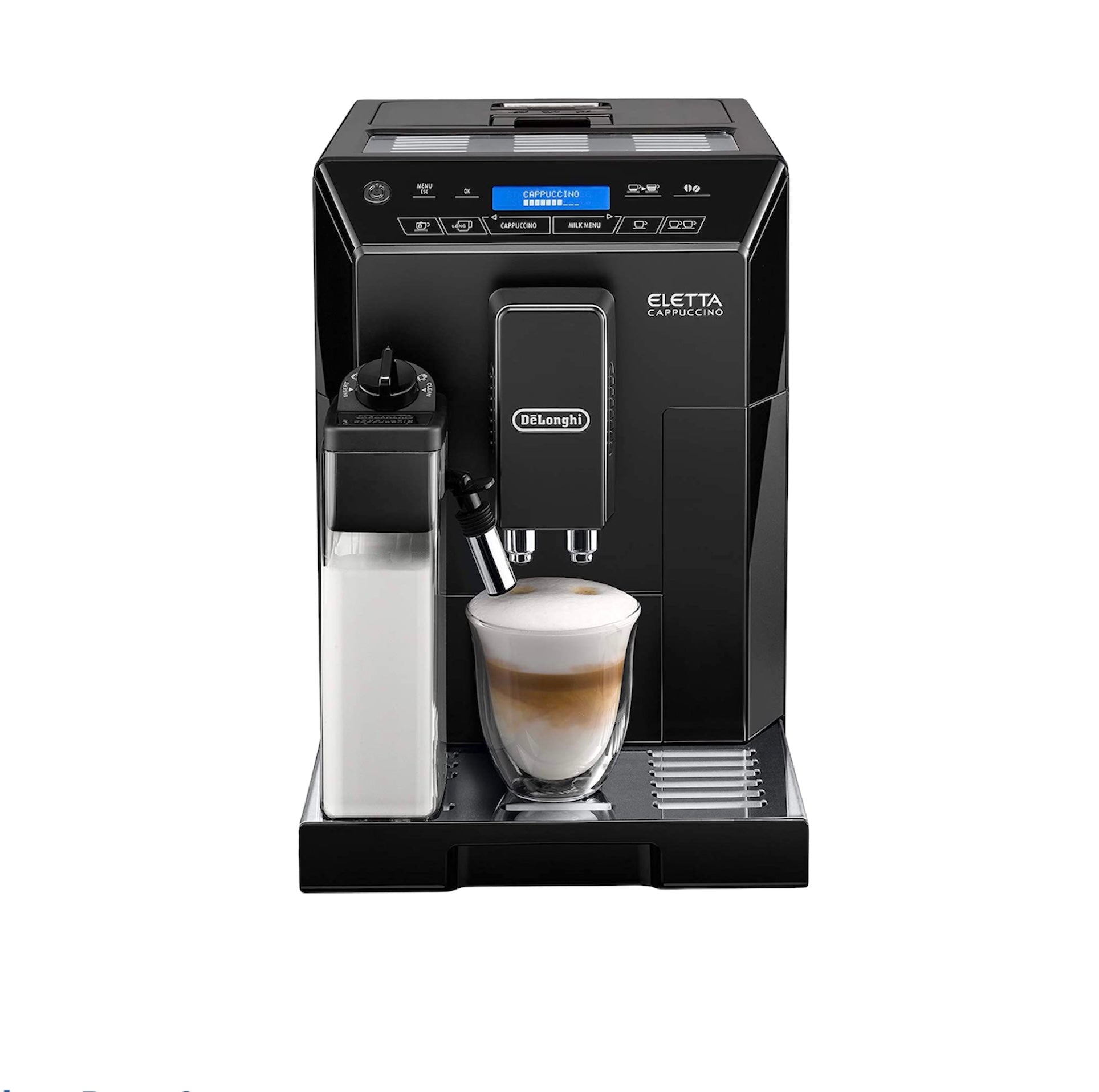 Delonghi Eletta Black Cappuccino Machine, Espresso machine with milk carafe and touch pannel.