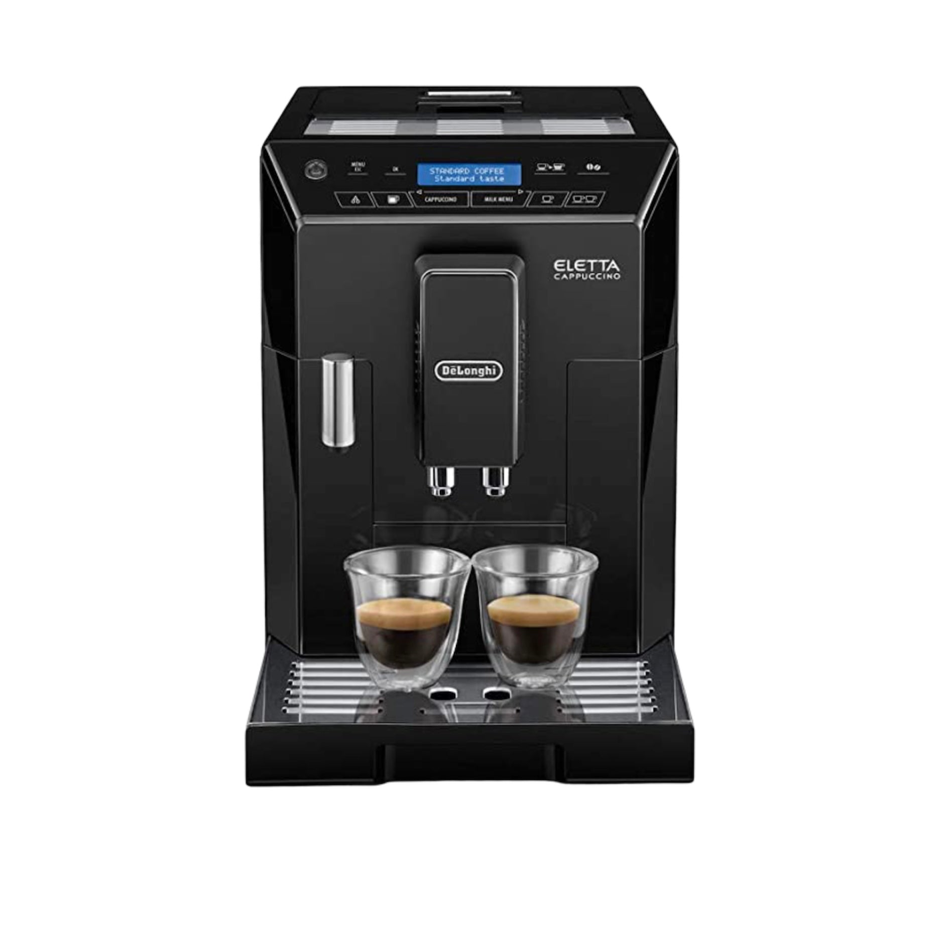 Delonghi Eletta Black Cappuccino maker with removable milk carafe and  water spout, will make 2 espresso shots at once.