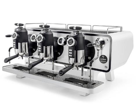 Angled view of the Sanremo Opera 3-group espresso machine in white, showcasing its modern design, multi-boiler system, and sleek lines for a professional barista setup