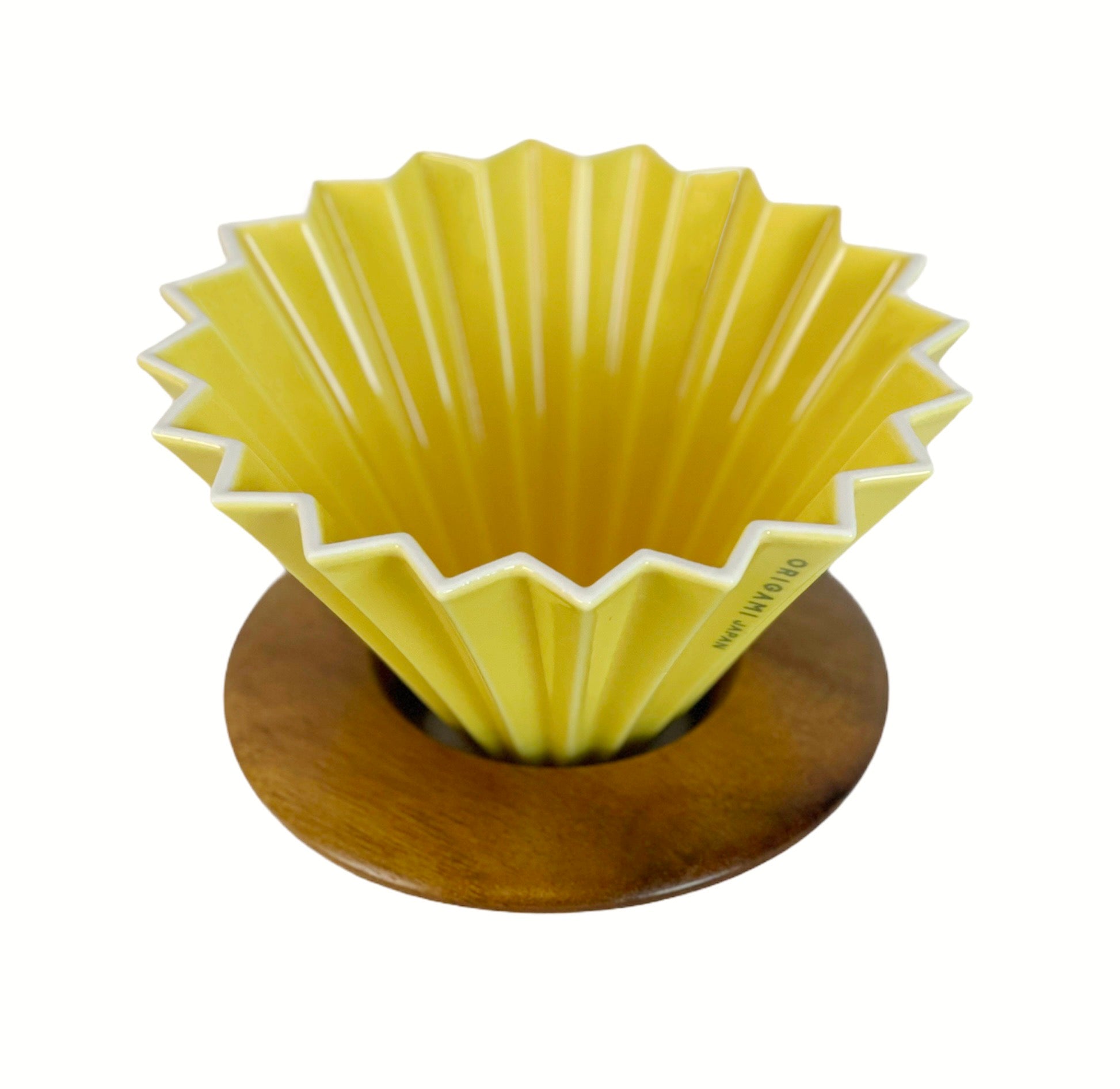 YELLOW ORIGAMI COFFEE DRIPPER WITH WOOD ORIGAMI DRIPPER HOLDER, MADE IN JAPAN