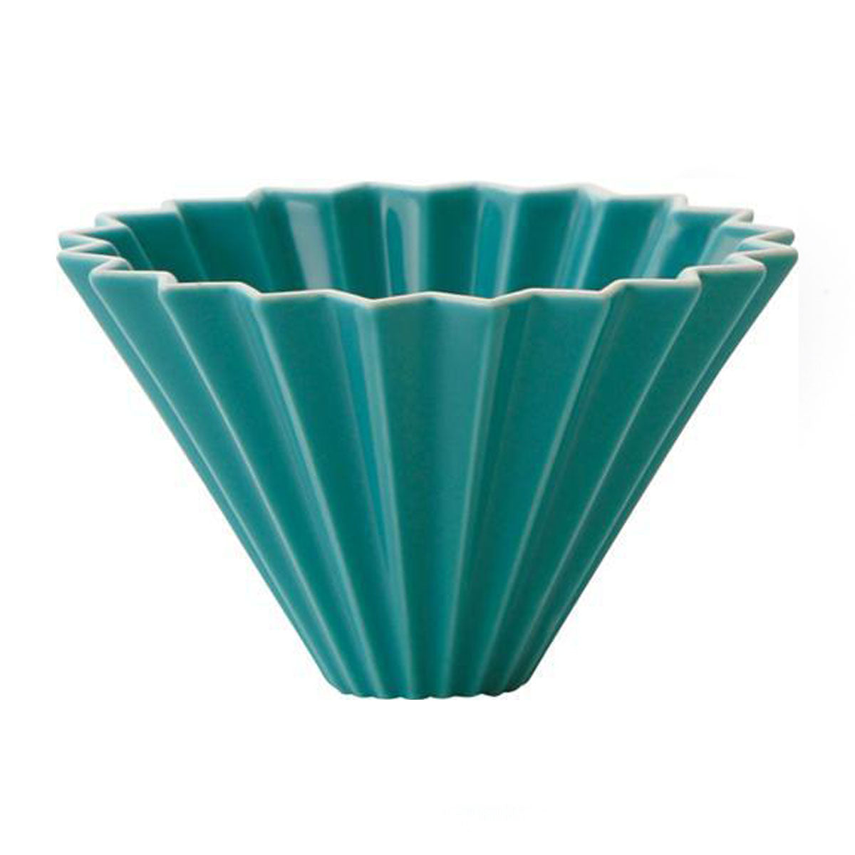 TURQUOISE ORIGAMI COFFEE DRIPPER, MADE IN JAPAN WITH MINO PORCELAIN.